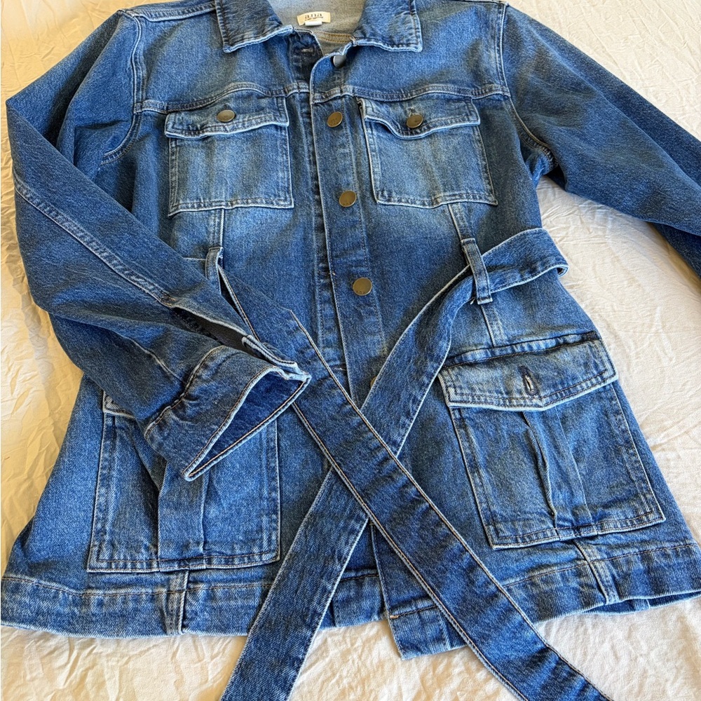 Denim Button-Front Jacket with Belt - Blue - Picture 5 of 10